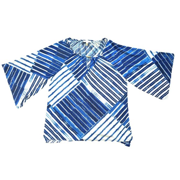 Dana Buchman Boho Blue Patch Large Womens Blouse Bell Sleeve - Picture 7 of 8